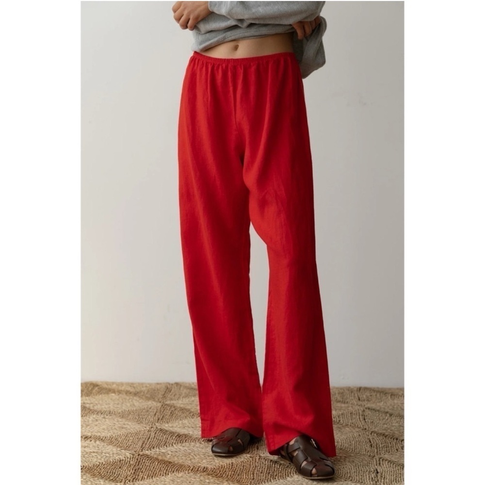 DONNI The Linen Simple Pants Wide Leg Pull on Trousers in Tomato Red - Picture 9 of 9